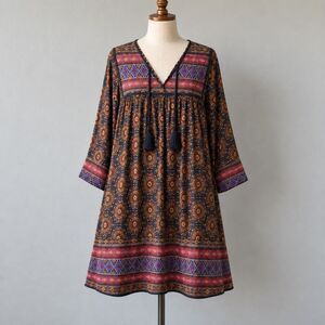 Love And Liberty Boho Silk Tunic Dress Medallion Print Tassel Festival L
